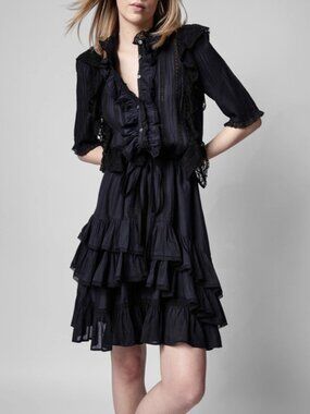 NWT $548 Zadig & Voltaire Ranky Noir Ruffle Lace Pleated Flare Dress Size XS
